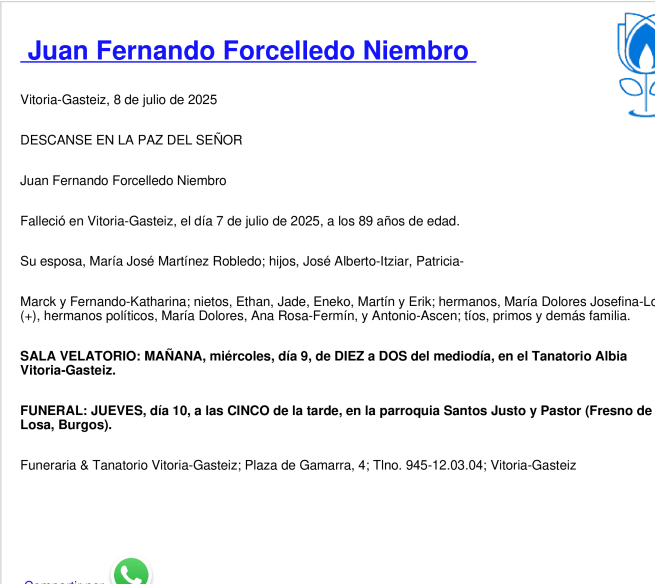 Esquela de Juan Fernando Forcelledo Niembro